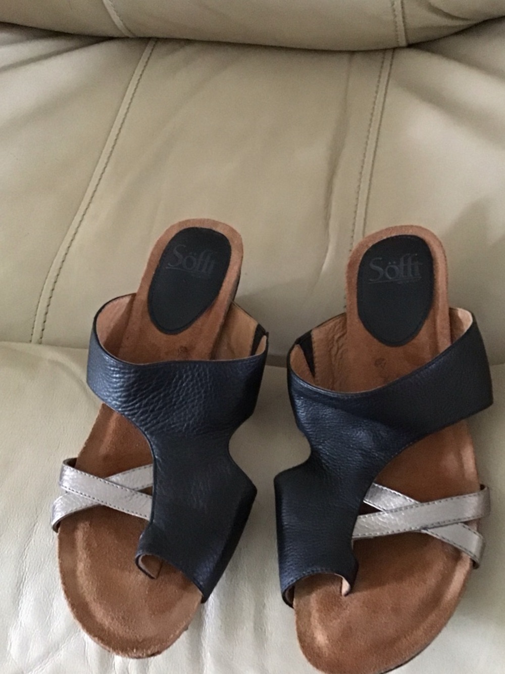 Women’s Black and Silver Leather Slide Sandals Sofft Brand